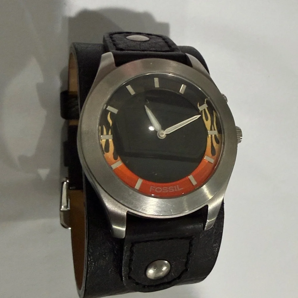 Rare Y2K Fossil Big Tic JR-8200 Flame Watch Leather Band